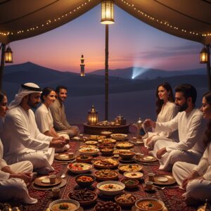 Desert camp setting at sunset with a group of people.