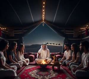 A group of people sitting inside a Bedouin tent with a storyteller.
