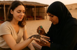 A woman having intricate henna art applied to her hand by an artist at a traditional desert camp.