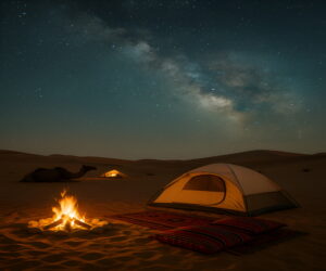 Night-time Dubai desert campsite with a glowing campfire