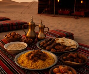 Traditional Emirati desert camp dining scene at sunset with ornate carpets, low cushions, Arabic coffee pots, platters