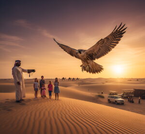 A falconer holding a falcon on his gloved hand in the Dubai desert.